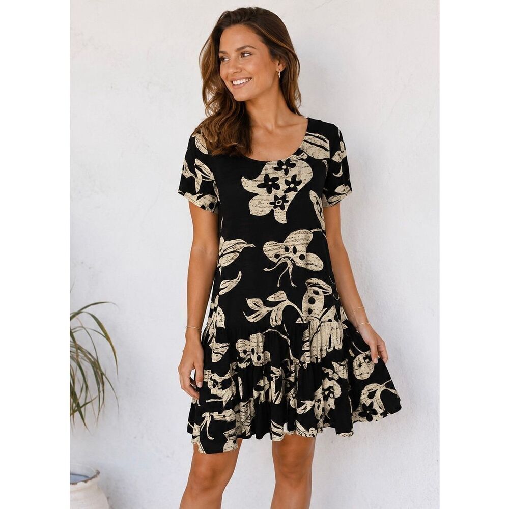 Vintage Jams World Rayon Tiered Dress Women’s Small Black White